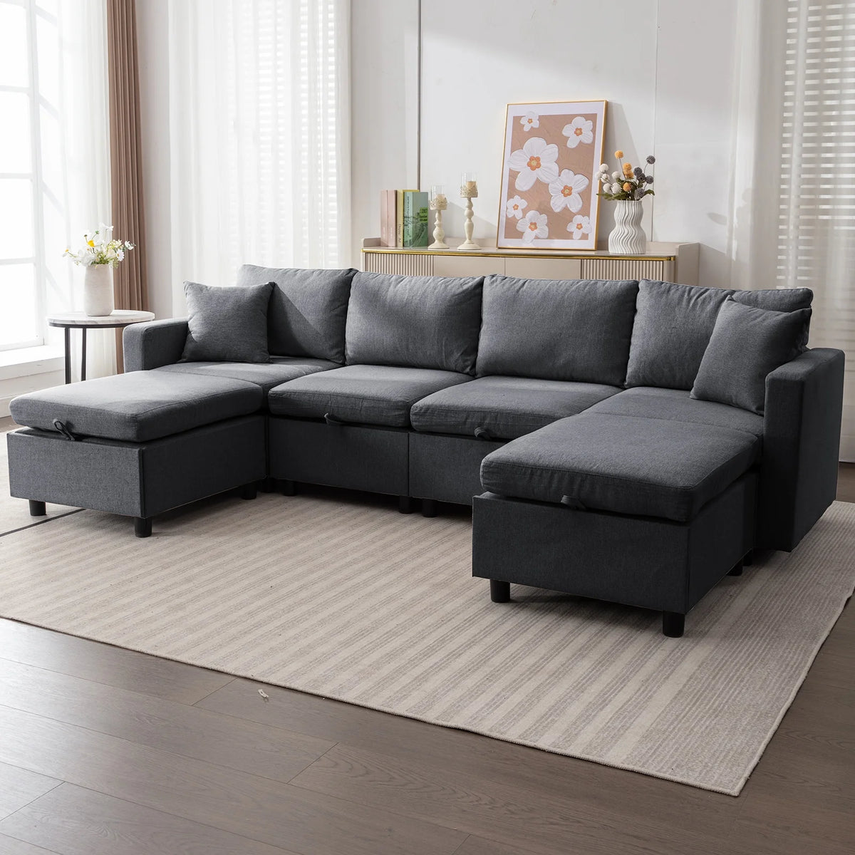 Dark Gray 6-Seater Modular Sectional Sofa with Storage Ottoman W3584