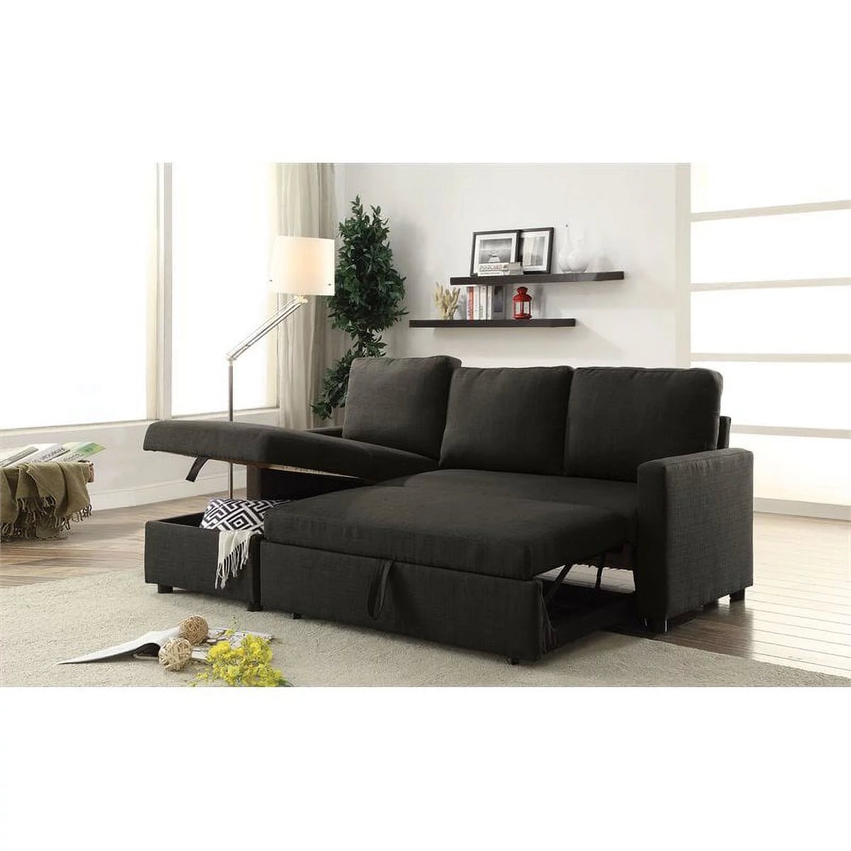 Charcoal Linen Sleeper Sectional Sofa X9383