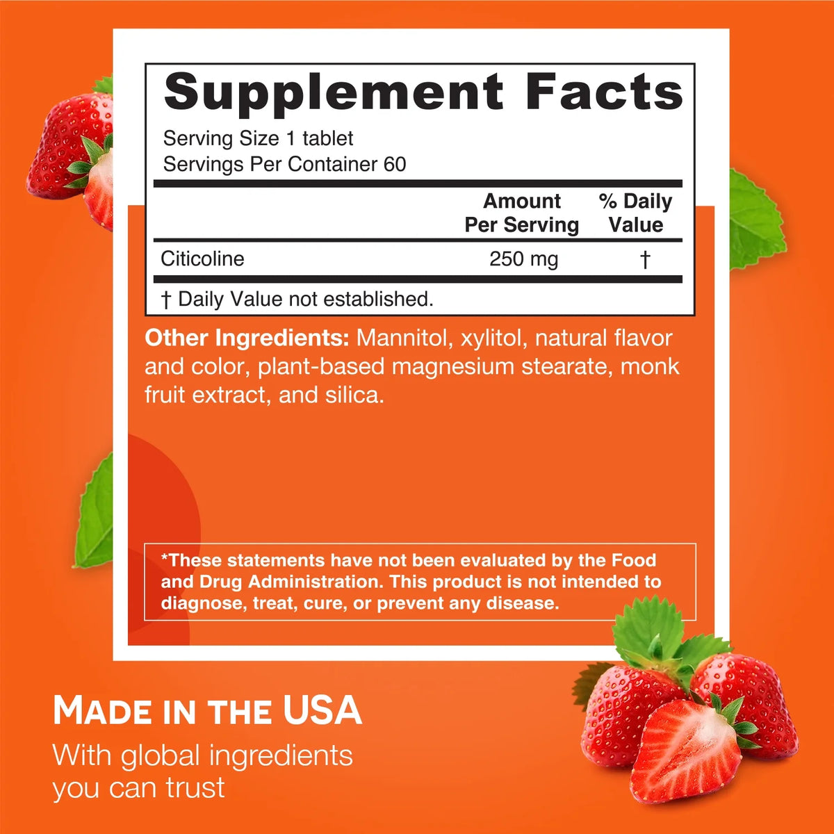 Citicoline 250 mg 60 Tablets Strawberry Flavored Vegan Dissolvable Fast Melting Dietary Supplements V8262