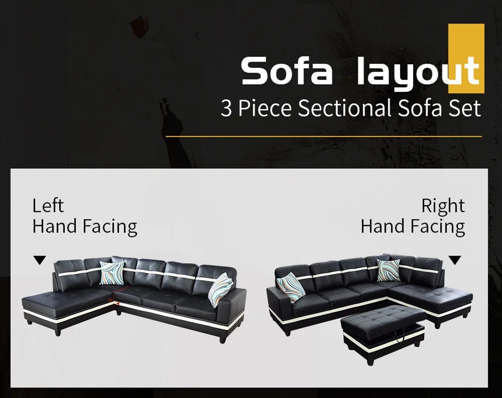 Black & White Faux Leather Sectional with Ottoman P6756