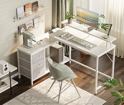 Reversible L Shaped Computer Desk with Drawers, LED Lights, Power Outlets, Black F4974