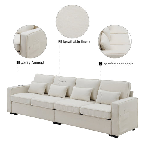104" 4-Seater Linen Fabric Sofa with Armrest Pockets and 4 Pillows X107402