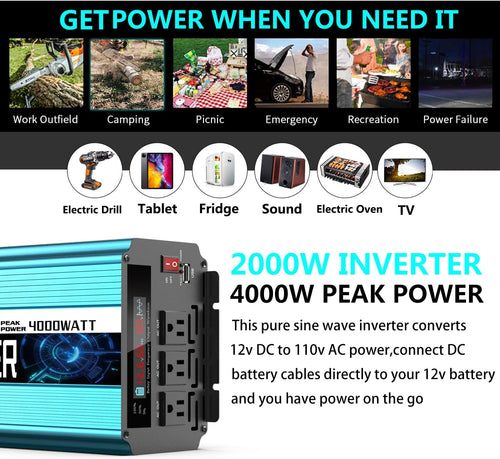 2000W Pure Sine Wave Power Inverter 12V DC to AC 110V/120V Converter with LCD Display G144835