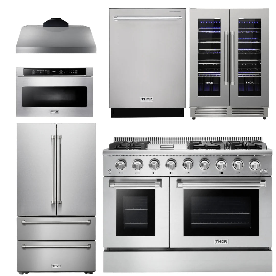 48 In. Propane Gas Range, Range Hood, Refrigerator, Dishwasher, Microwave Drawer, Wine Cooler V456032