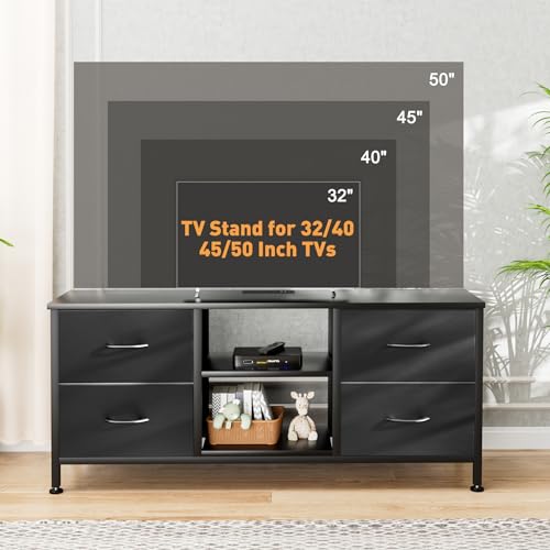 Black 4 Drawer TV Stand with Open Shelves V207
