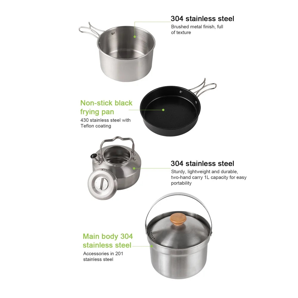 Stainless Steel Camping Cookware Set with Pot Frying Pan Kettle C50010