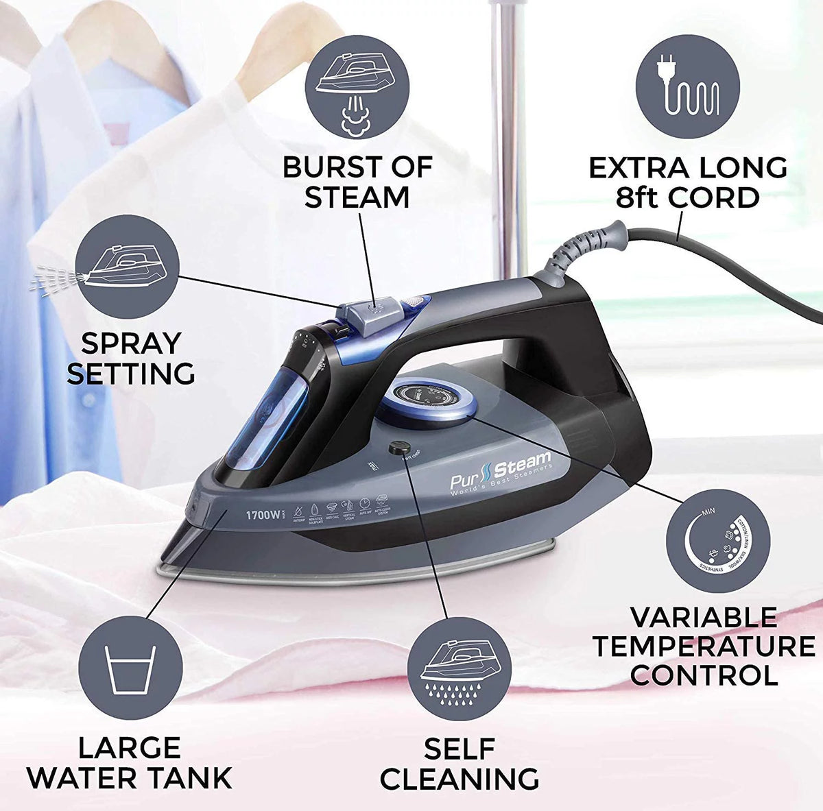 1700W Steam Iron with Stainless Steel Sole Plate A734341