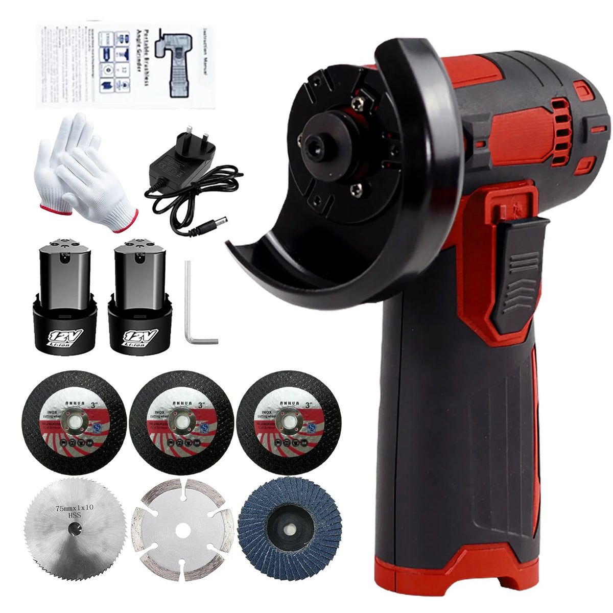 12V Cordless Angle Grinder Kit 3 Inch 19500 rpm with 2 1300mAh Lithium-Ion Battery W697