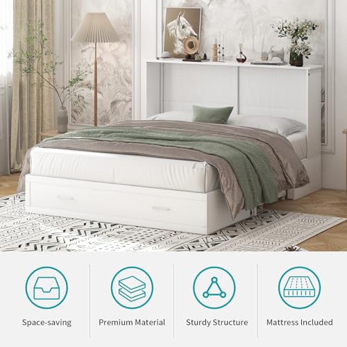 Queen Murphy Bed with Charging Station and Storage Drawers White Y62713