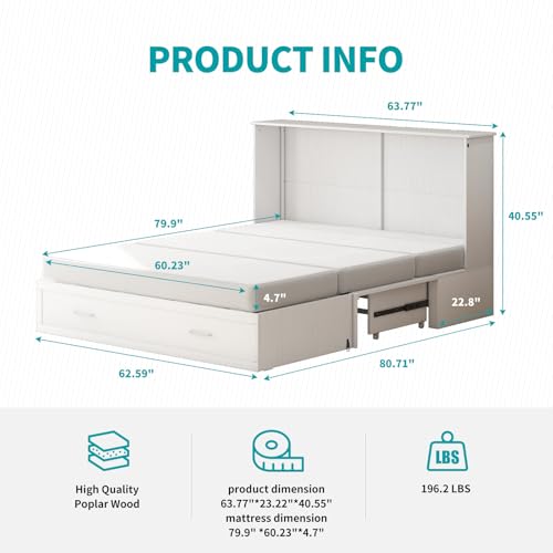 Queen Murphy Bed with Charging Station and Storage Drawers White Y62713