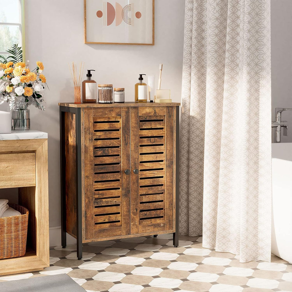 Rustic Brown Bathroom Cabinet with 2 Adjustable Shelves V4373