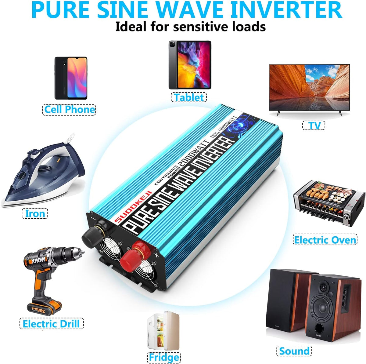 2000W Pure Sine Wave Power Inverter 12V DC to AC 110V/120V Converter with LCD Display G144835