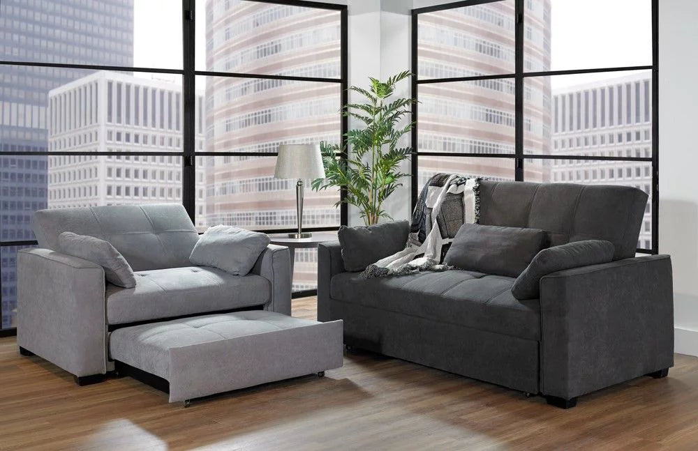 Charcoal Chenille Twin Size Sleeper Sofa with Accent Pillows U788762