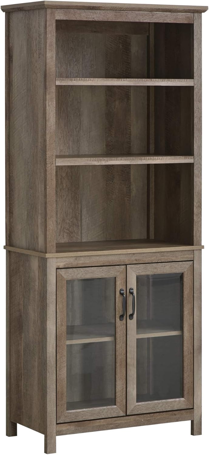 Natural Wood Bookcase Storage Hutch Cabinet with Adjustable Shelves and Glass Doors F730074