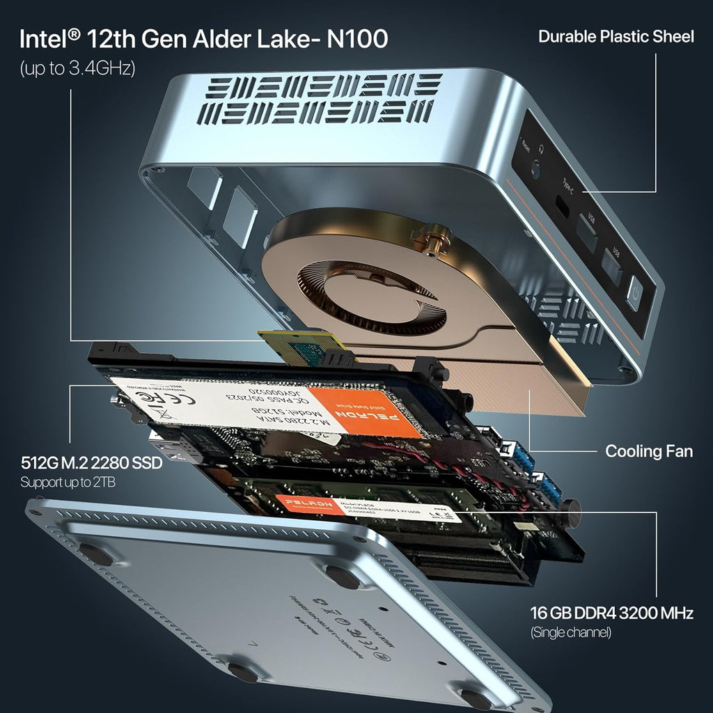 Mini PC, Intel 12th Gen N100, 16GB DDR4 RAM 512GB M.2 PCIe SSD Q1854