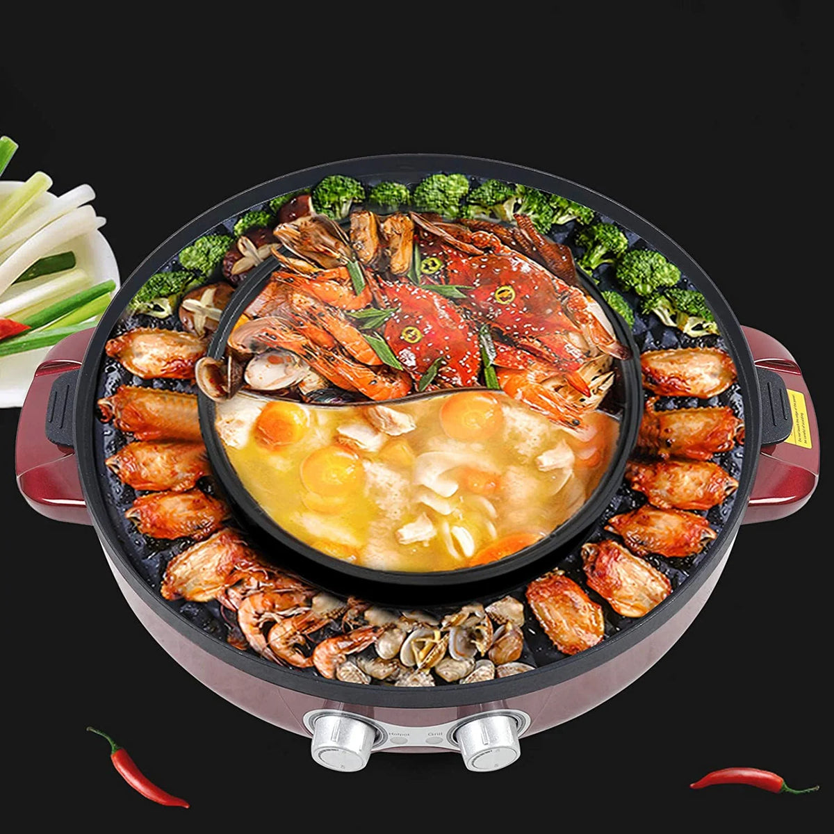 2 in 1 Electric Smokeless BBQ Grill and Hot Pot, 3.6L 2200W Y61753
