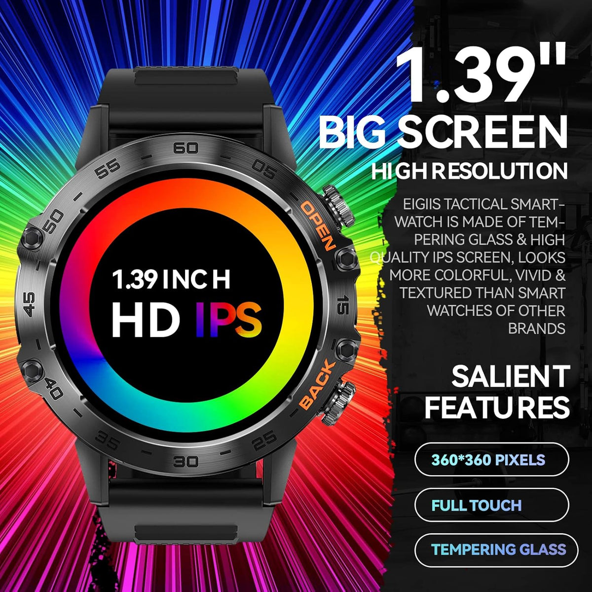 Rugged Tactical Smartwatch 1.39'' HD Screen Black A821