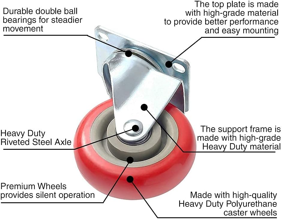 8 Pack 4 Caster Wheels Swivel 360 Degree with Brake Red Polyurethane R9541