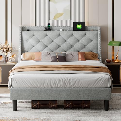 Beige Upholstered Full Bed Frame with USB Ports Q666