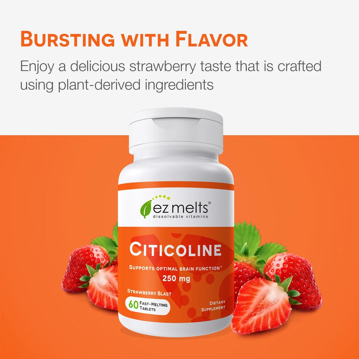 Citicoline 250 mg 60 Tablets Strawberry Flavored Vegan Dissolvable Fast Melting Dietary Supplements V8262