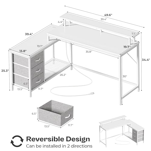 Reversible L Shaped Computer Desk with Drawers, LED Lights, Power Outlets, Black F4974