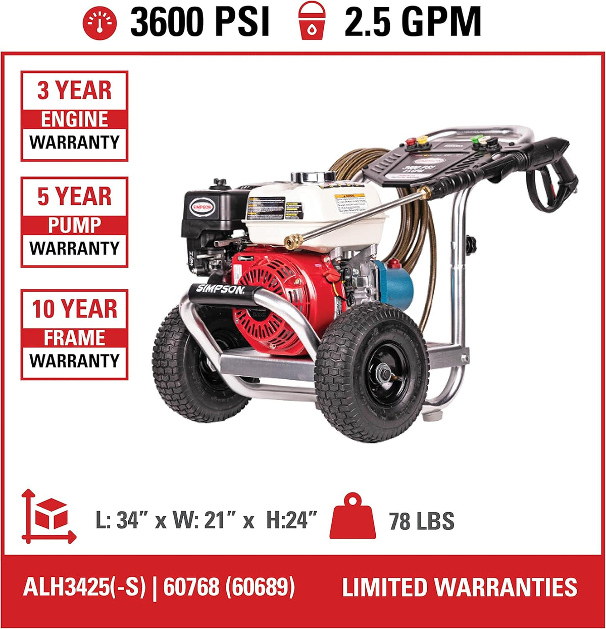 Aluminum Gas Pressure Washer, 3600 PSI @ 2.5 GPM V41995