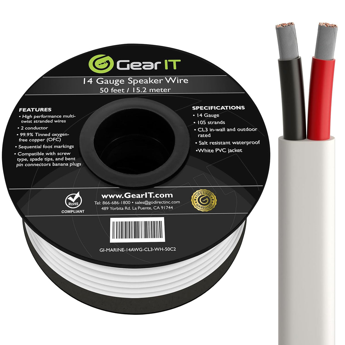 14AWG Tinned OFC Copper Marine Grade Speaker Cable, White 100ft E4570