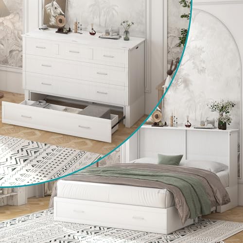 Queen Murphy Bed with Charging Station and Storage Drawers White Y62713