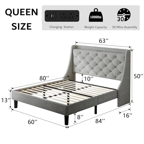 Beige Upholstered Full Bed Frame with USB Ports Q666
