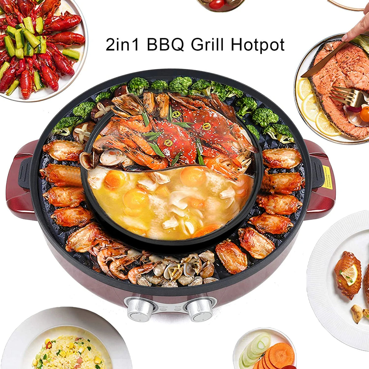 2 in 1 Electric Smokeless BBQ Grill and Hot Pot, 3.6L 2200W Y61753