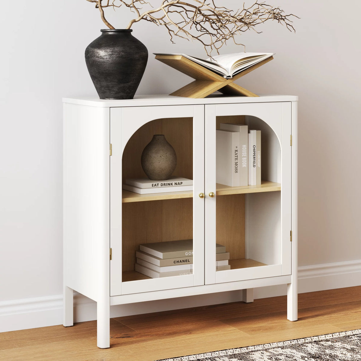 White Free Standing Sideboard Buffet with Glass Doors and Adjustable Shelf U88915