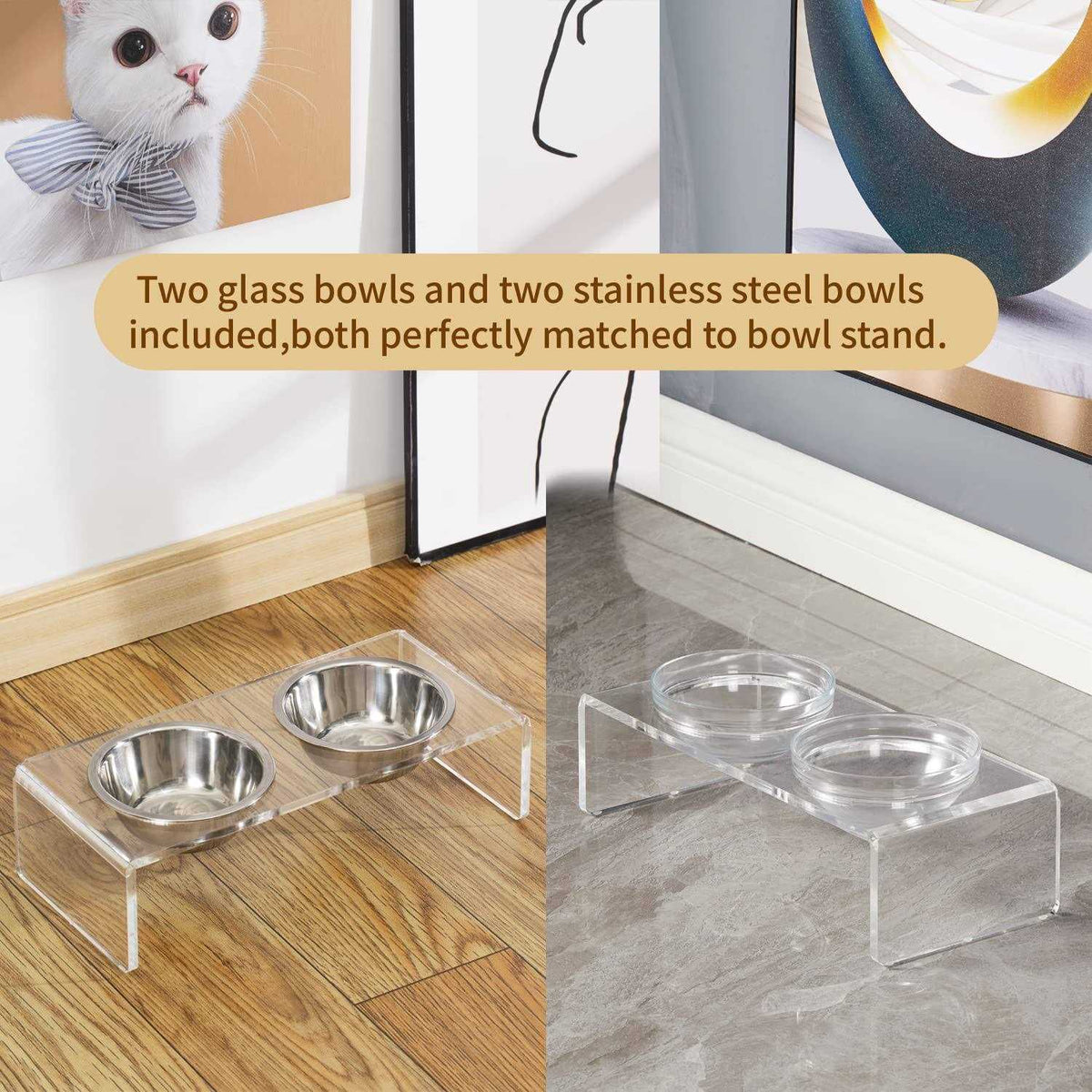 Acrylic Elevated Dog Cat Bowls with 2 Glass and 2 Stainless Steel Bowls T214135