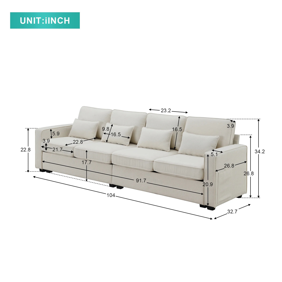 104" 4-Seater Linen Fabric Sofa with Armrest Pockets and 4 Pillows X107402