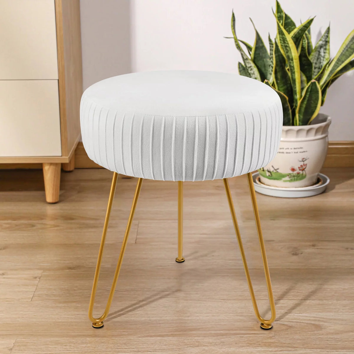 Velvet Pleated Round Ottoman with 3 Golden Metal Legs Beige J464460