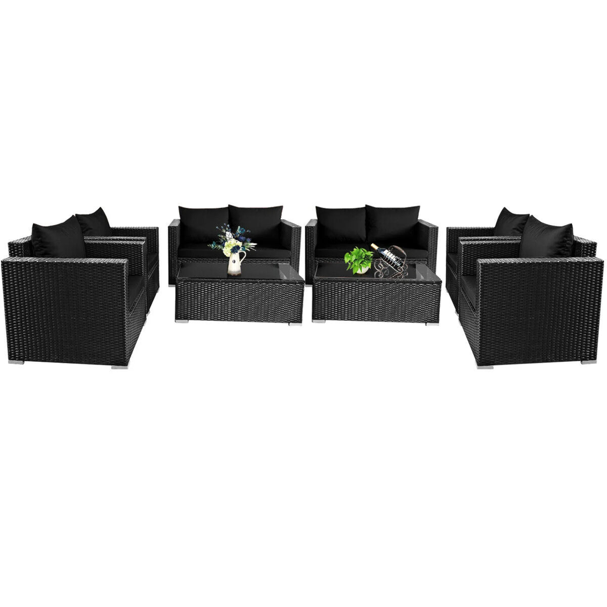 8 Pcs Rattan Patio Conversation Set with Black Cushions C841703
