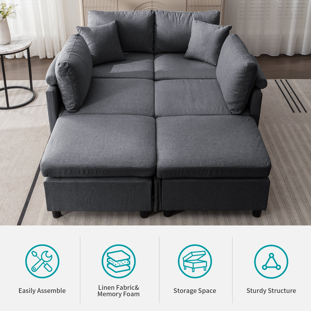 Dark Gray 6-Seater Modular Sectional Sofa with Storage Ottoman W3584