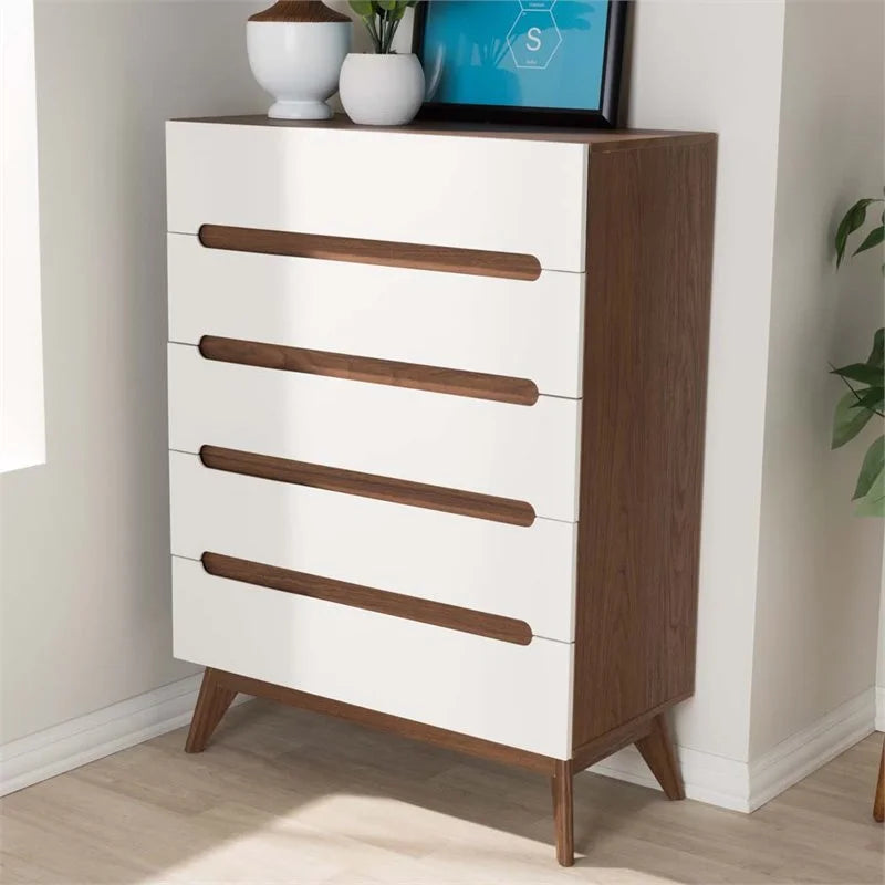 Mid Century Modern White and Walnut Chest and Nightstand Set P476