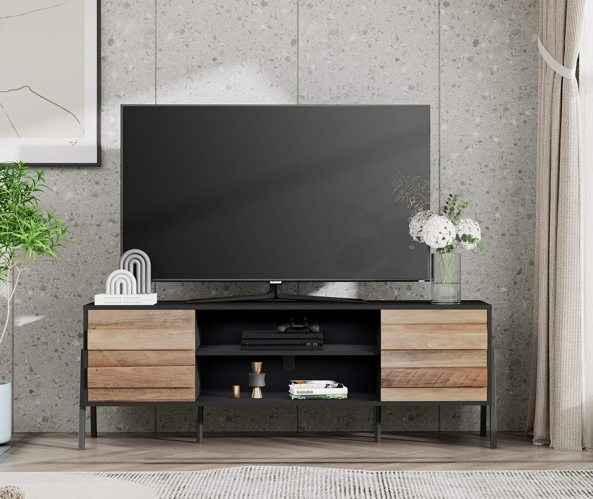 Mid-Century Modern TV Stand for TVs up to 65 Inch Wood TV Console Storage Cabinet with Shelf B50592