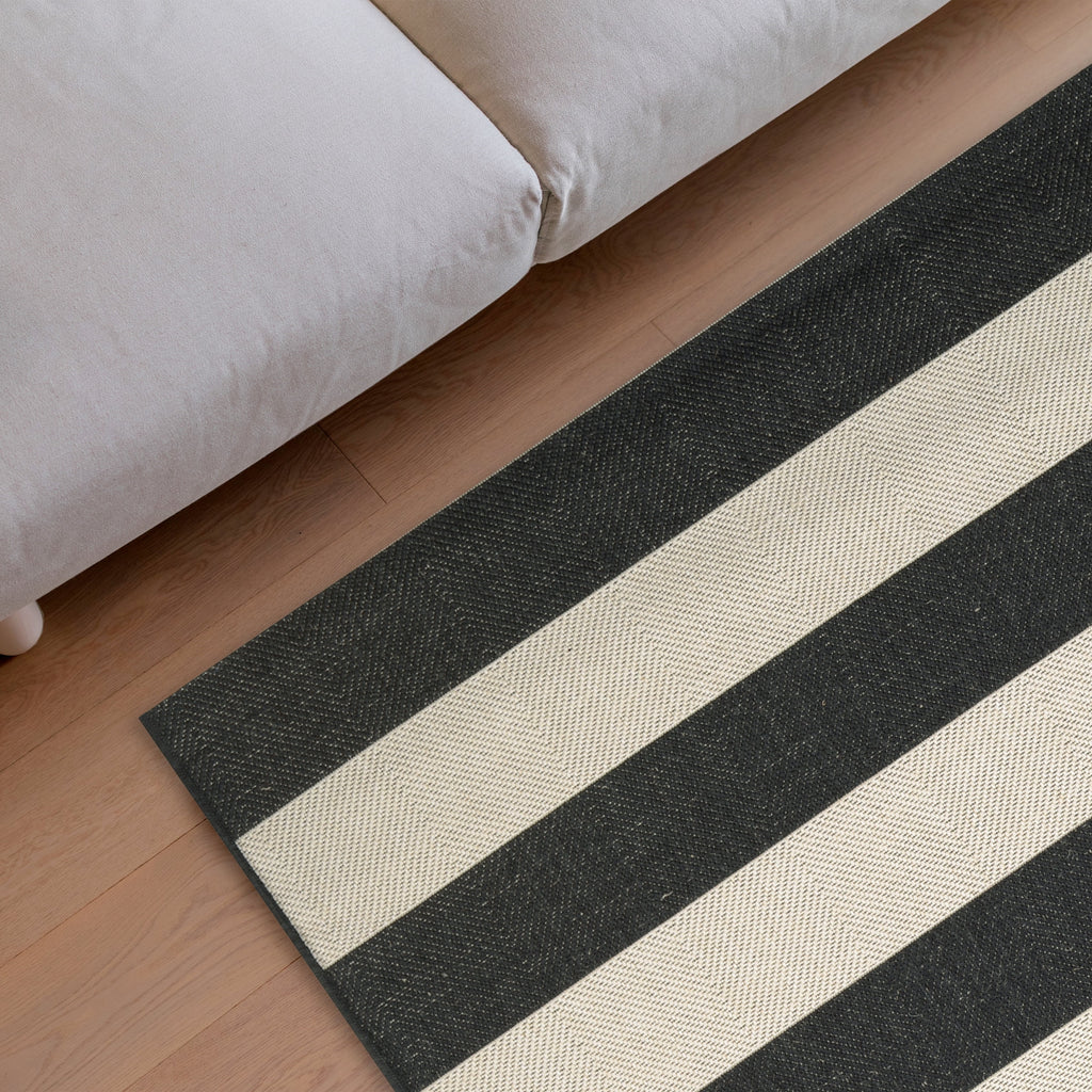 Onyx Black and Ivory Stripe Outdoor Rectangle Rug U88560