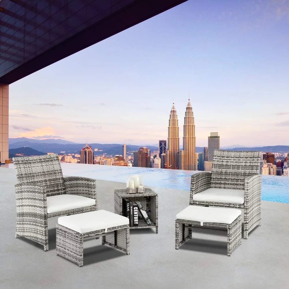 5 Pcs Wicker Rattan Cushioned Patio Sofa Set with Ottoman & Table T81087
