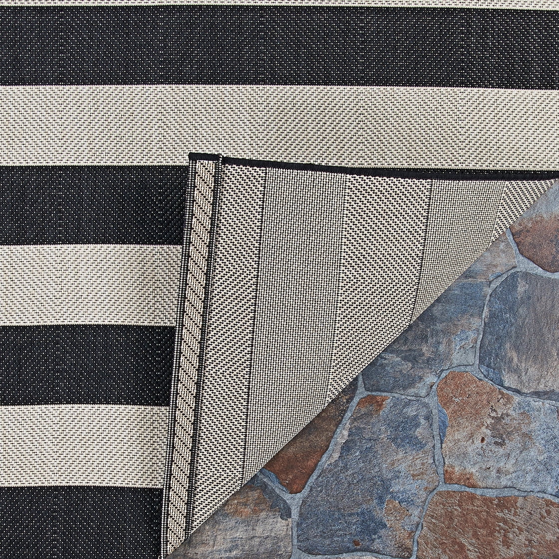 Onyx Black and Ivory Stripe Outdoor Rectangle Rug U88560
