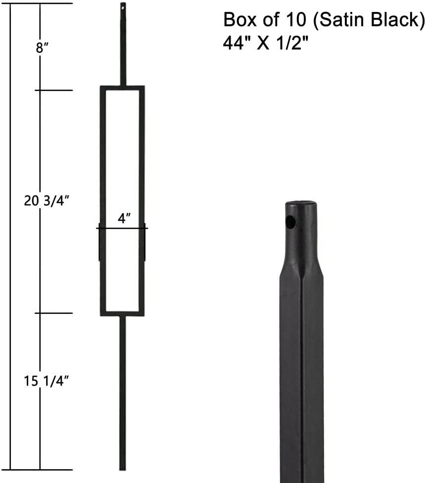 Satin Black Wrought Iron Balusters, Set of 10, Hollow Rectangle Iron Spindles N15743