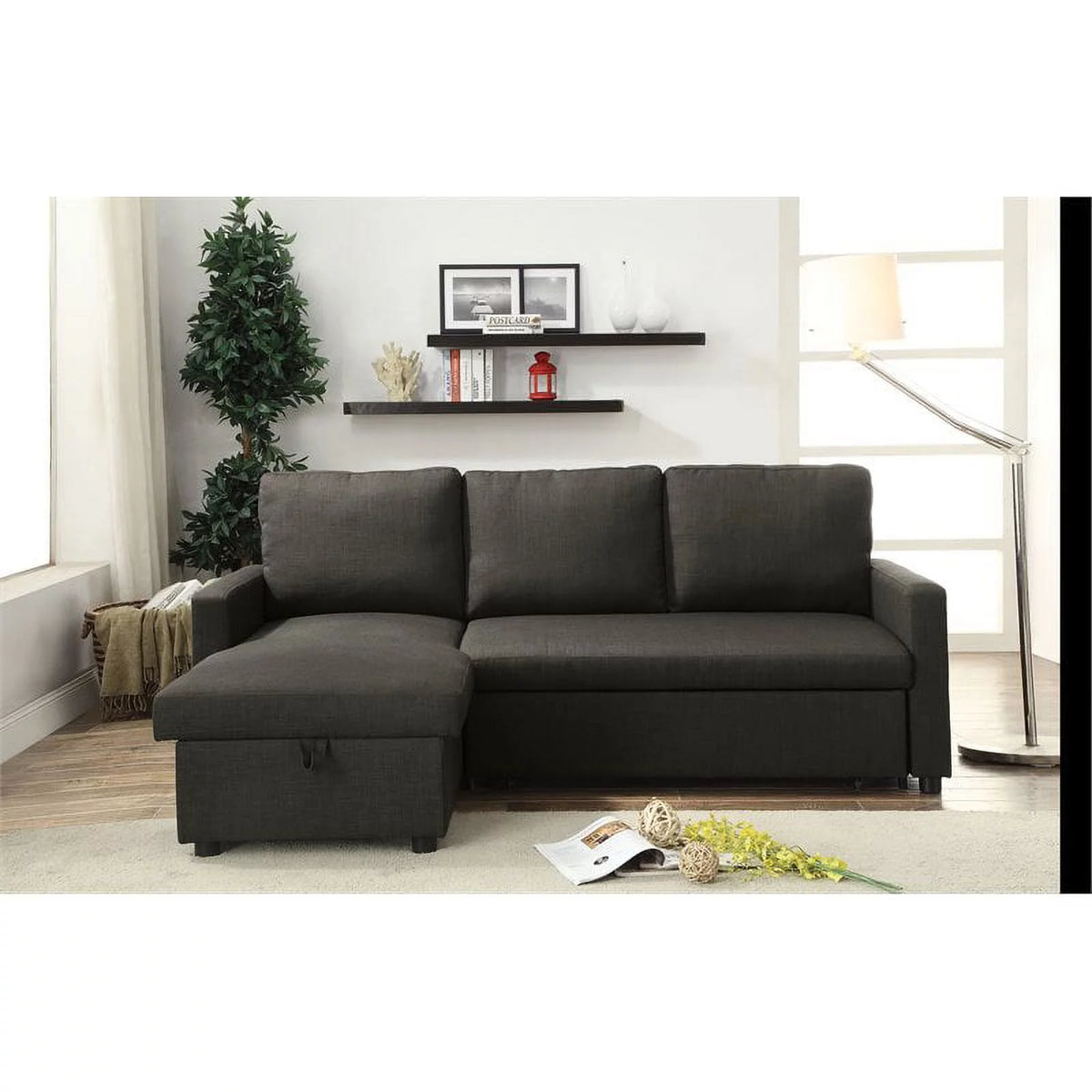 Charcoal Linen Sleeper Sectional Sofa X9383