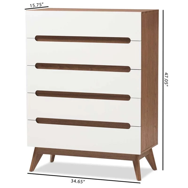 Mid Century Modern White and Walnut Chest and Nightstand Set P476