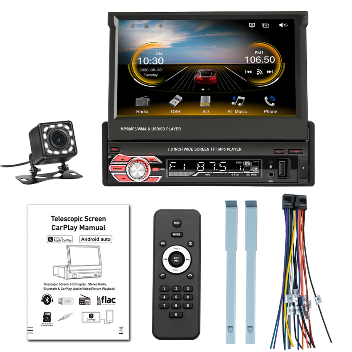 Single Din Car Stereo with Bluetooth Backup Camera 7Inch Flip Out Touch Screen Car Radio MP5 Player G269