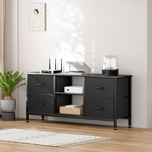 Black 4 Drawer TV Stand with Open Shelves V207