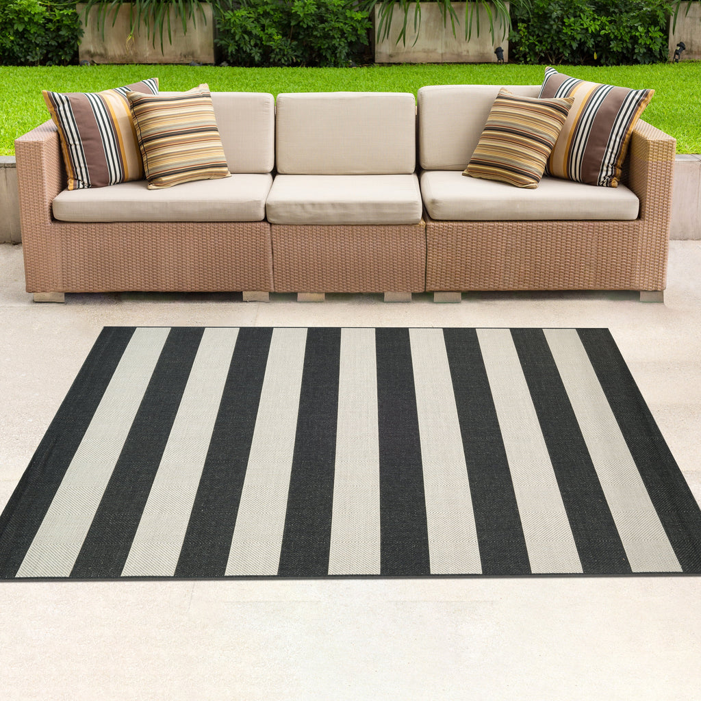 Onyx Black and Ivory Stripe Outdoor Rectangle Rug U88560