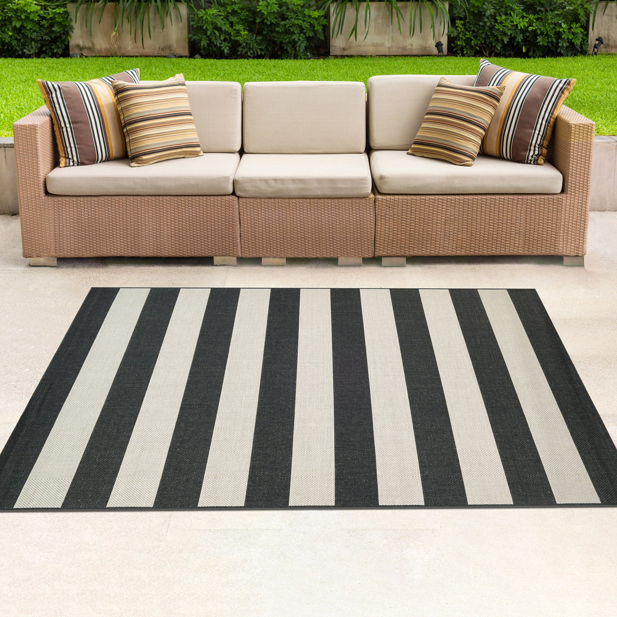 Onyx Black and Ivory Stripe Outdoor Rectangle Rug U88560