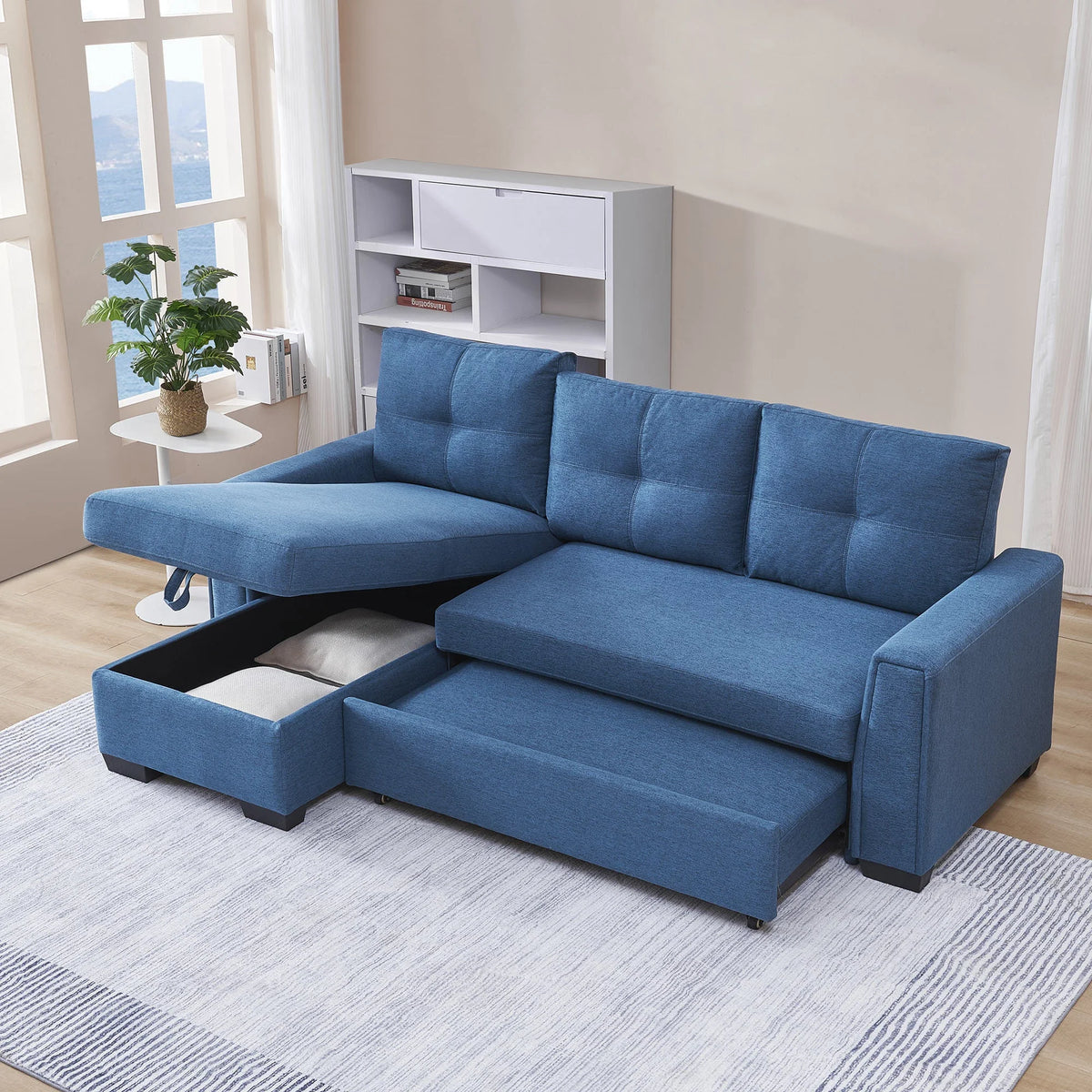 Blue L-Shape Pull-Out Sleeper Sectional Sofa G276