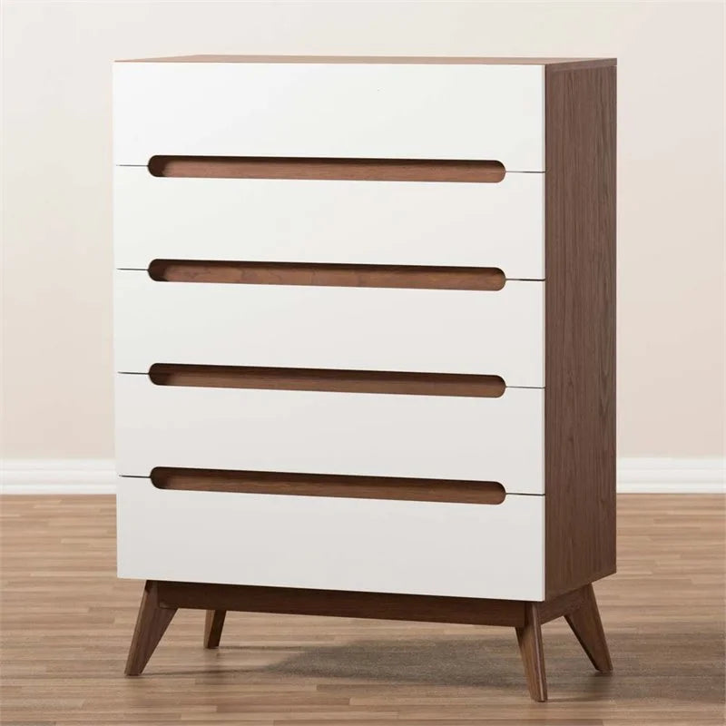 Mid Century Modern White and Walnut Chest and Nightstand Set P476